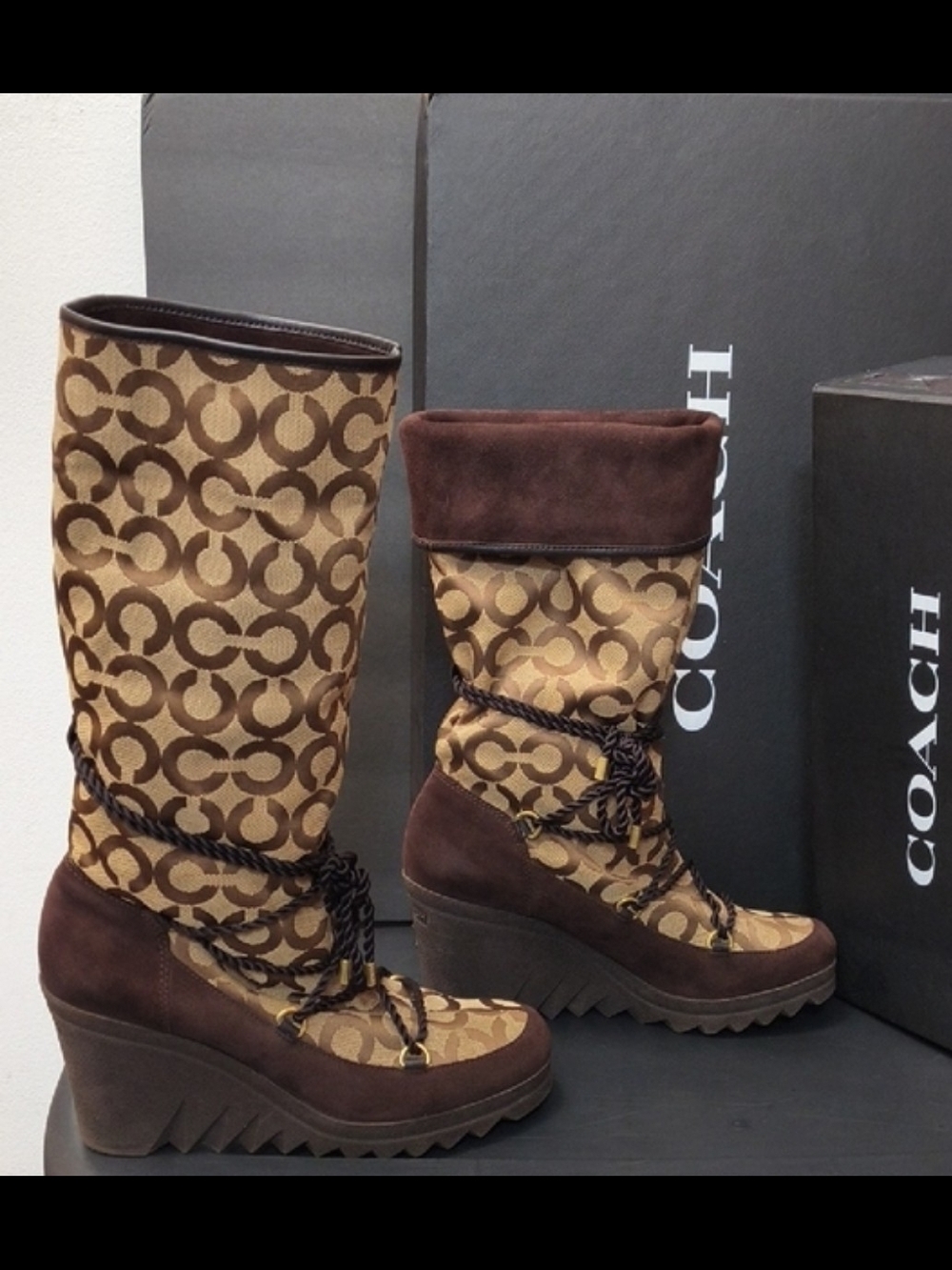 Coach Maisy Signature C/Khaki Monogram Wedge Boots with Rope Lacing No. 7262